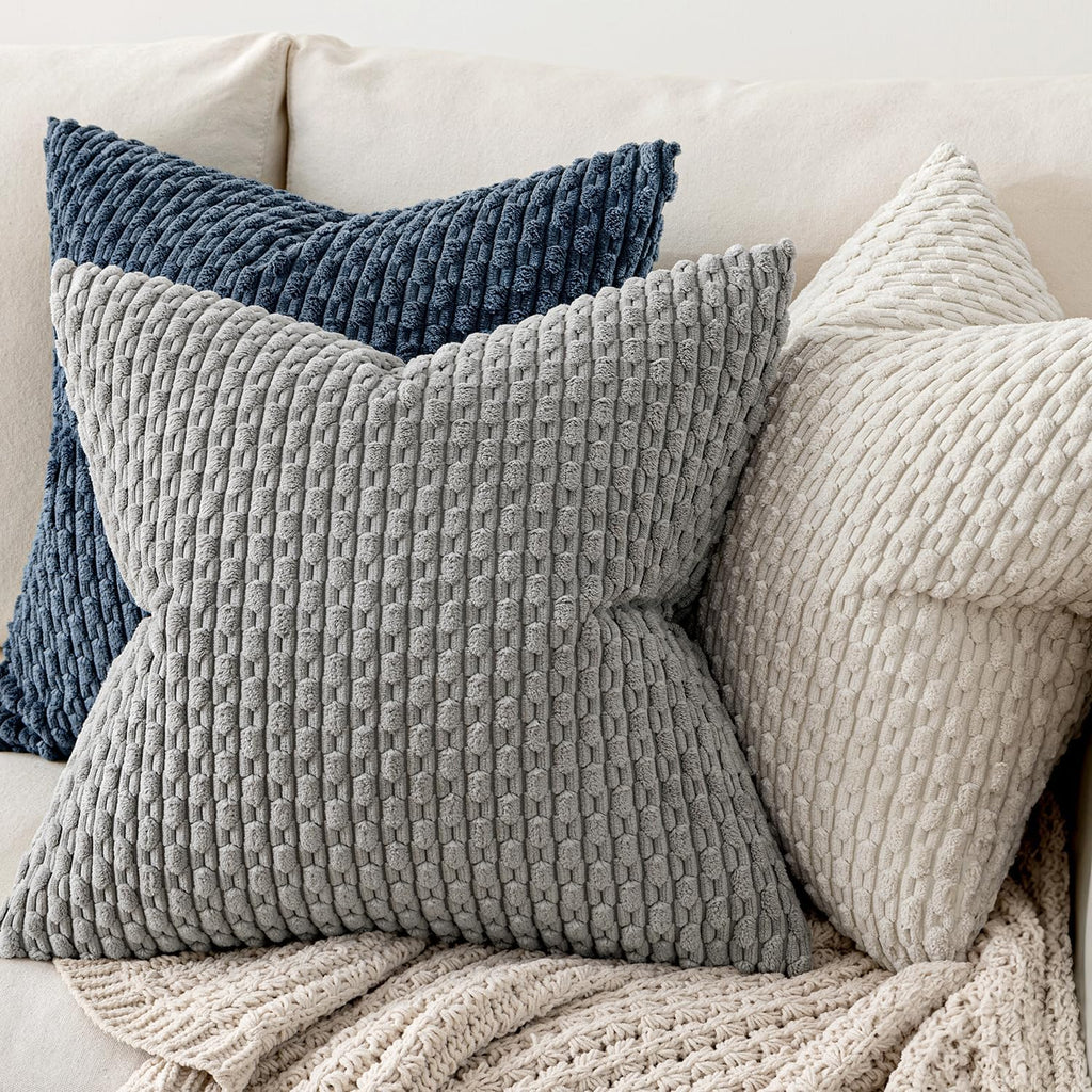 MIULEE Decorative Throw Pillow Covers - Soft Boho Striped Textured Corduroy | 18x18 Inch, Cream White