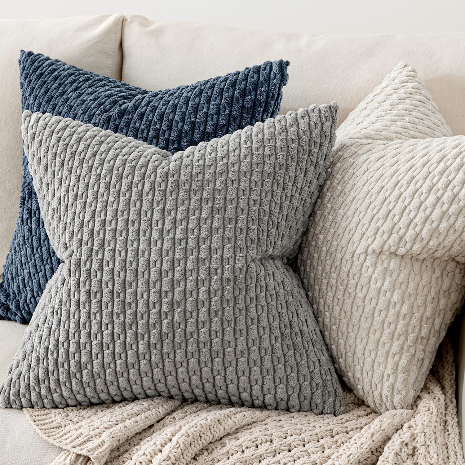 MIULEE Decorative Throw Pillow Covers - Soft Boho Striped Textured Corduroy | 18x18 Inch, Cream White