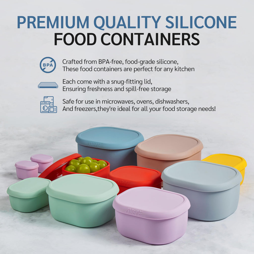ISSEVE 12Pcs/Set Nesting Silicone Food Storage Containers with Lids, BPA Free Reusable Meal Prep Silicone Containers Airtight, Freezer Dishwasher Safe (33.8oz, 20oz, 10oz, 6.7oz, 1.3oz) (Blue)