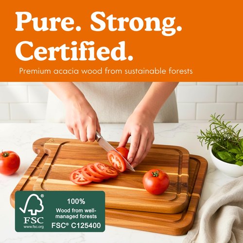 Non Toxic Cutting Boards - Cutting Board Set Free of Mineral Oil, Made of FSC Acacia Wood - Cutting Boards for Kitchen - Includes 3 Chopping Boards. By Ziruma