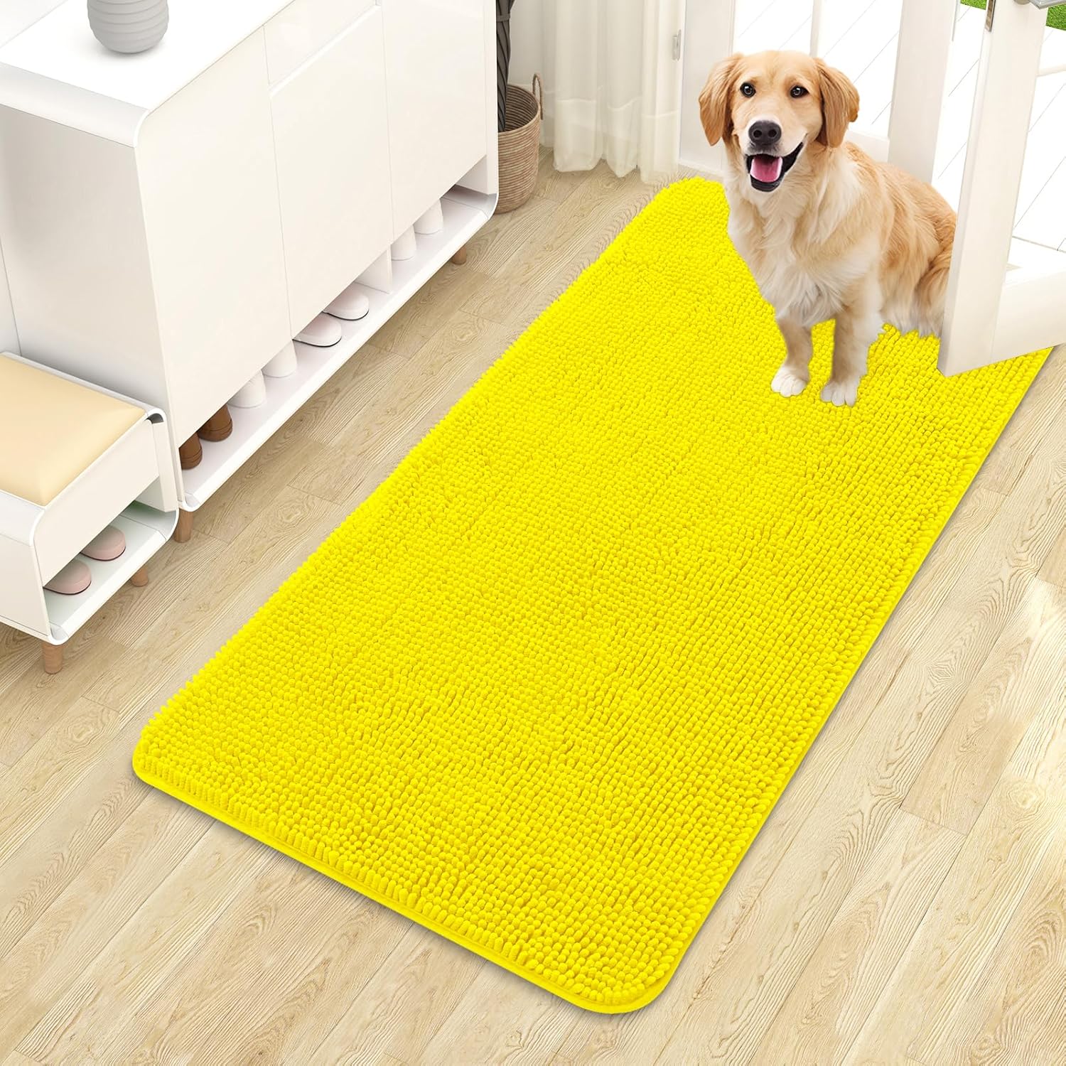 OLANLY Dog Door Mat - Absorbent Non-Slip Mud Mat for Muddy Paws | Quick Dry Chenille 44x24, Lemon Yellow