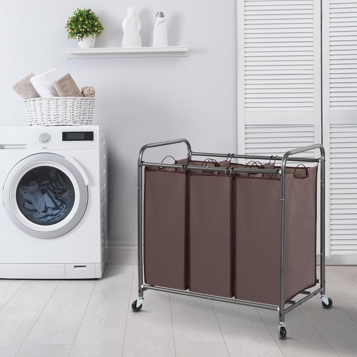 Storage Maniac Laundry Sorter - 3 Section Hamper Cart with Lockable Wheels & Removable Bags | 35.9 Gal, Brown