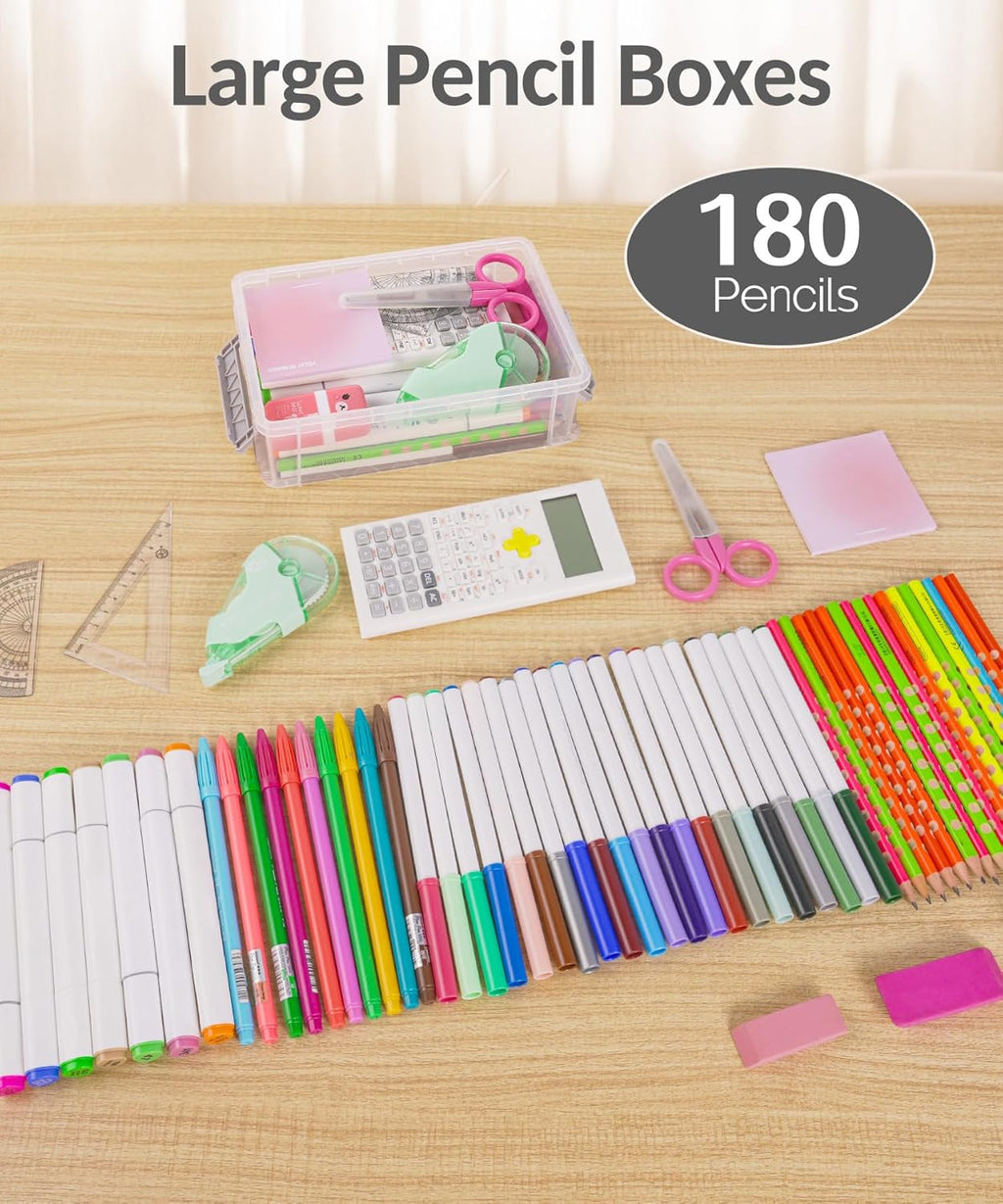 Sooez Extra Large Pencil Box Set - Clear Plastic Crayon Organizer with Lid | 6 Pack for Art & School Supplies