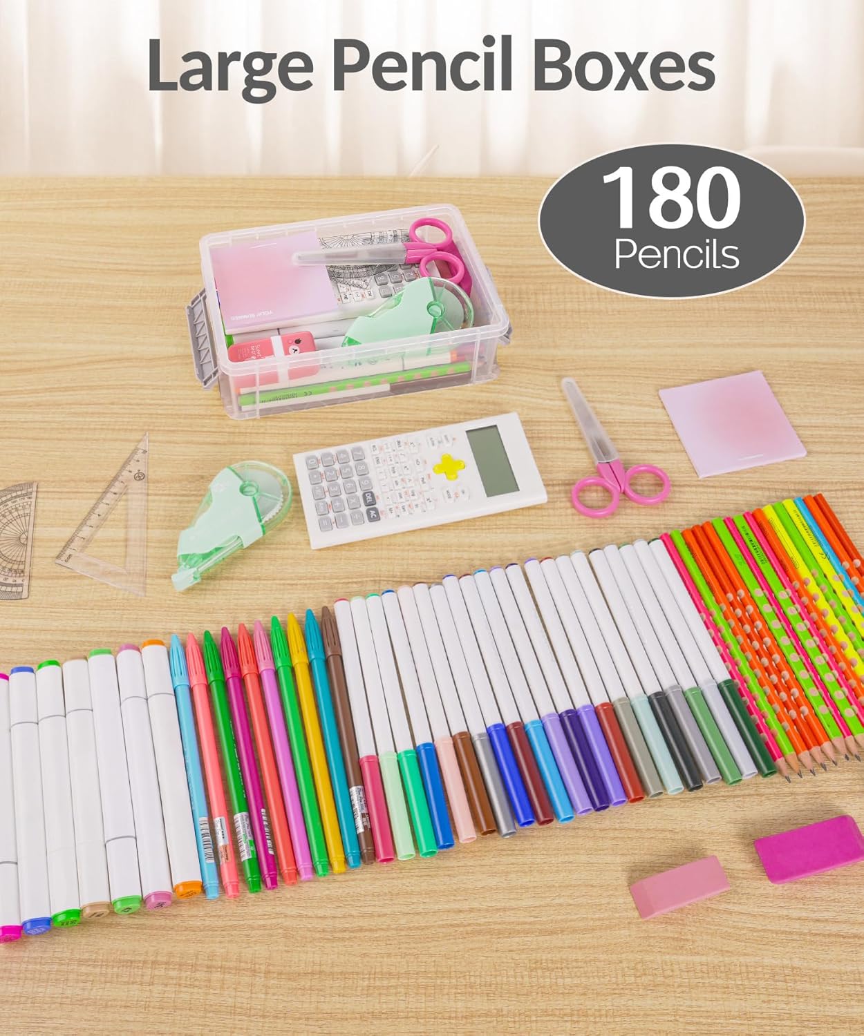 Sooez Extra Large Pencil Box Set - Clear Plastic Crayon Organizer with Lid | 6 Pack for Art & School Supplies