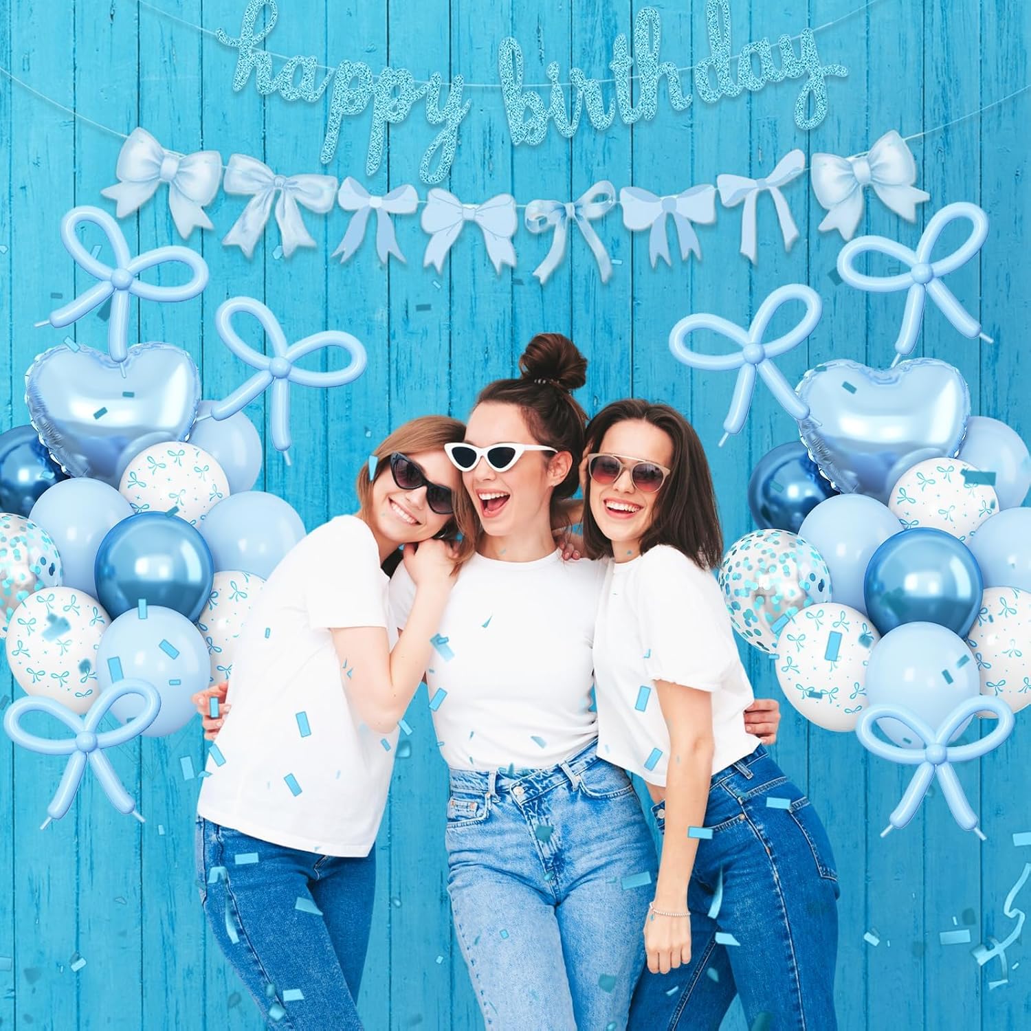 Skiennix Blue Bow Birthday Decorations - Coquette Party Set with Happy Birthday Banner & Foil Balloons