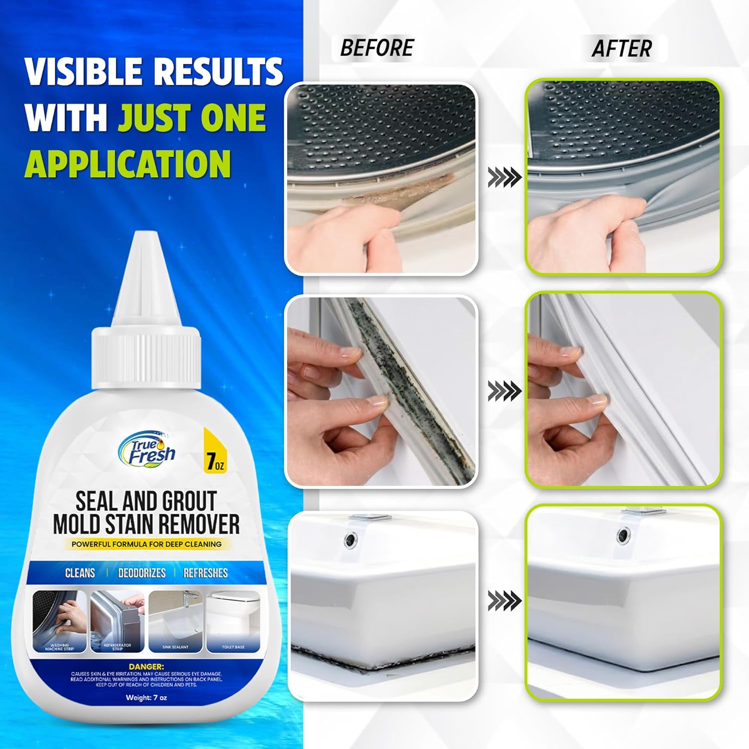 True Fresh Mold Stain Remover Gel - Heavy Duty Cleaner for Washing Machine Seals & Grout - 7 oz