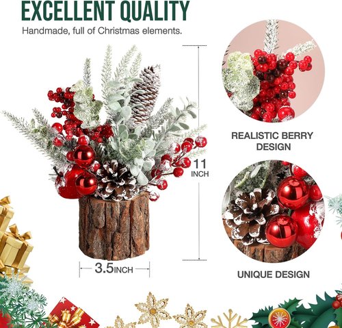 Hatisan Small Christmas Tree - Tabletop Artificial Pine Cone & Berry Decor | 2 Pack Red-Round for Holiday Cheer