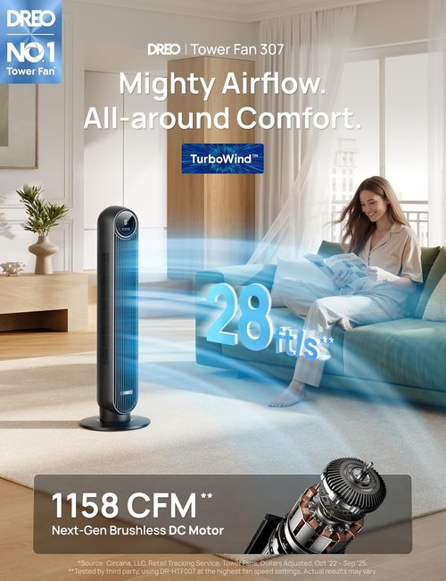 DREO Bladeless Tower Fan - Ultra Quiet 20dB with 8 Speeds & 90° Oscillation | High Velocity 28ft/s, Remote Control, Black