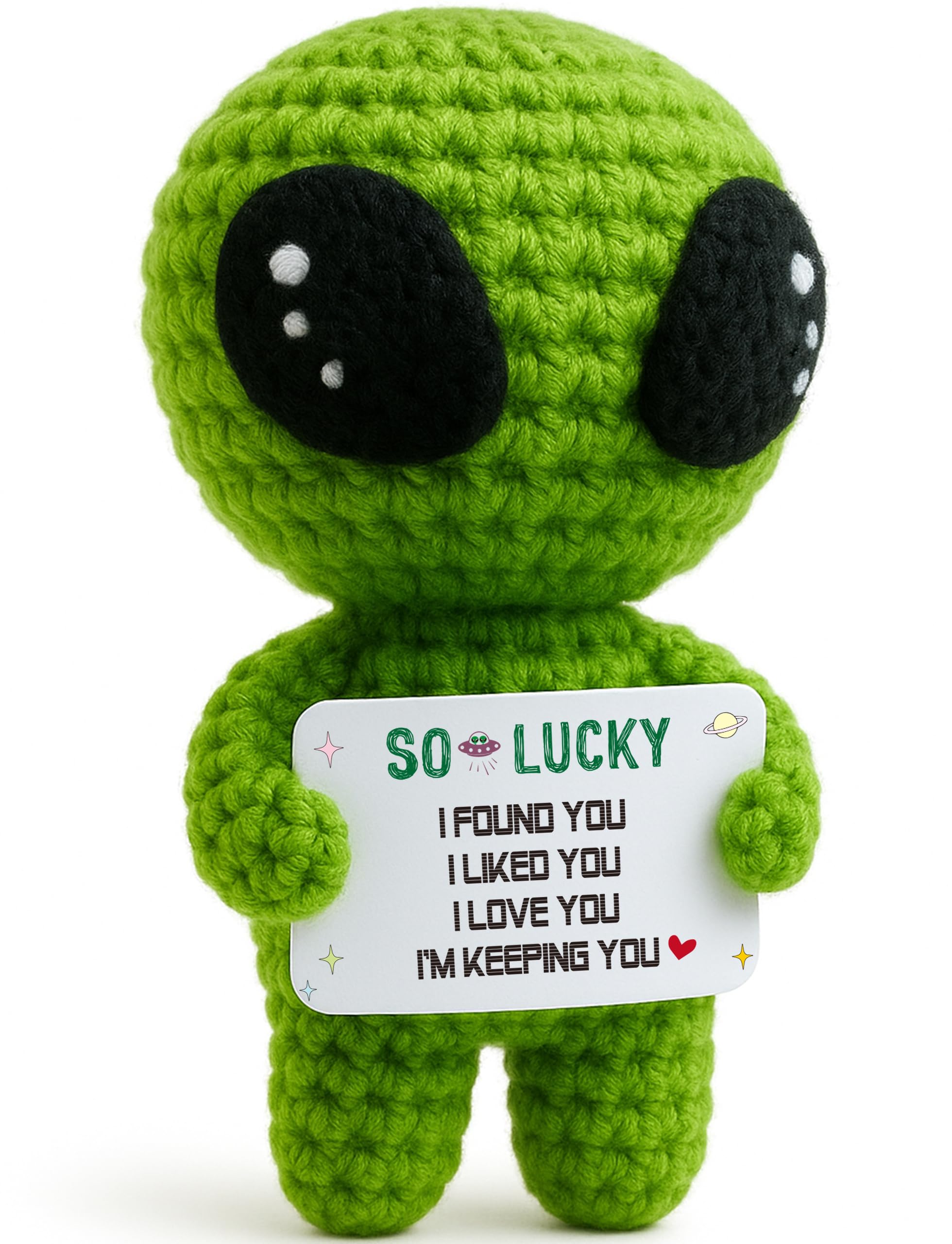 MAMAGIFTREE I Love You Wedding Anniversary Present for Him Boyfriend Husband Fiance Wife Her with Small Card, Valentines Day Gifts Women Men - Romantic Theme Crochet Alien Decor
