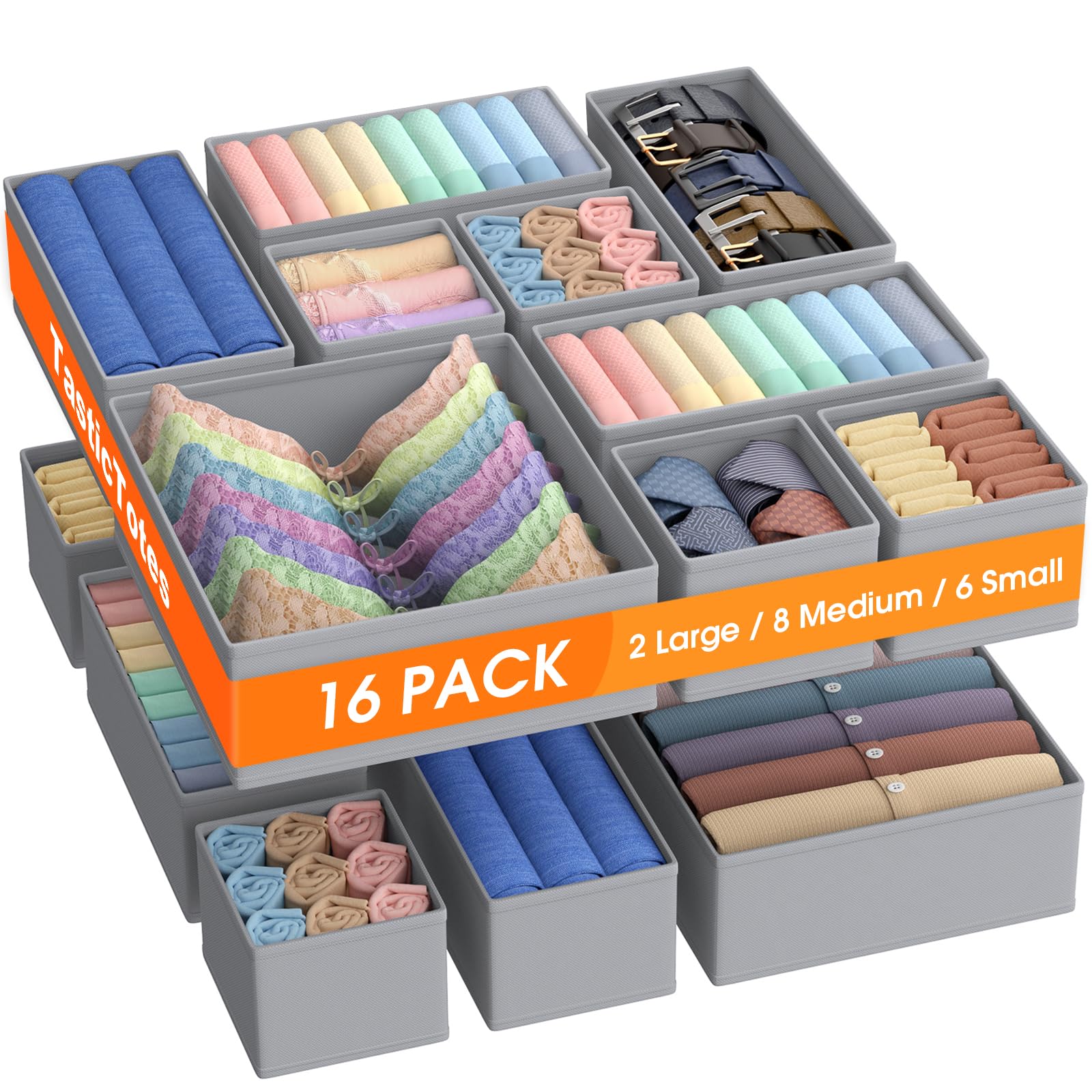 TasticTotes Drawer Organizer Clothes, 16 Pack Drawer Organizers and Underwear Organizer for Nursery, Dividers Clothes Organizer, Closet Organization and Foldable Storage Bins for Socks, Bra, Tie, Grey