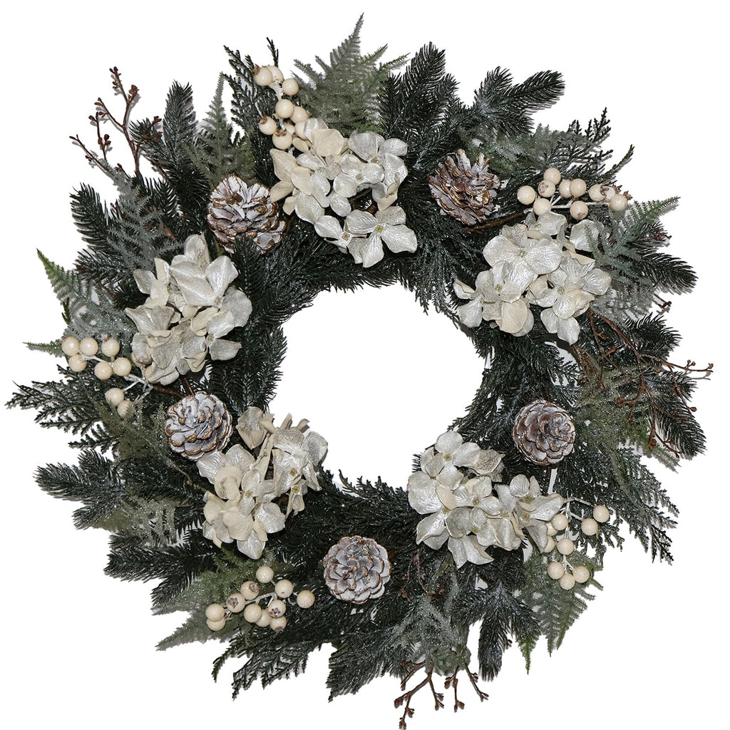 BINFEN 20” Glitter Pine Christmas Winter Wreath with Metallic Silk Hydrangea Pinecone & White Berry – Mixed with Norfolk Cypress Cedar & Spruce, Wreaths for Front Door Porch Mantel & Fireplace Decor