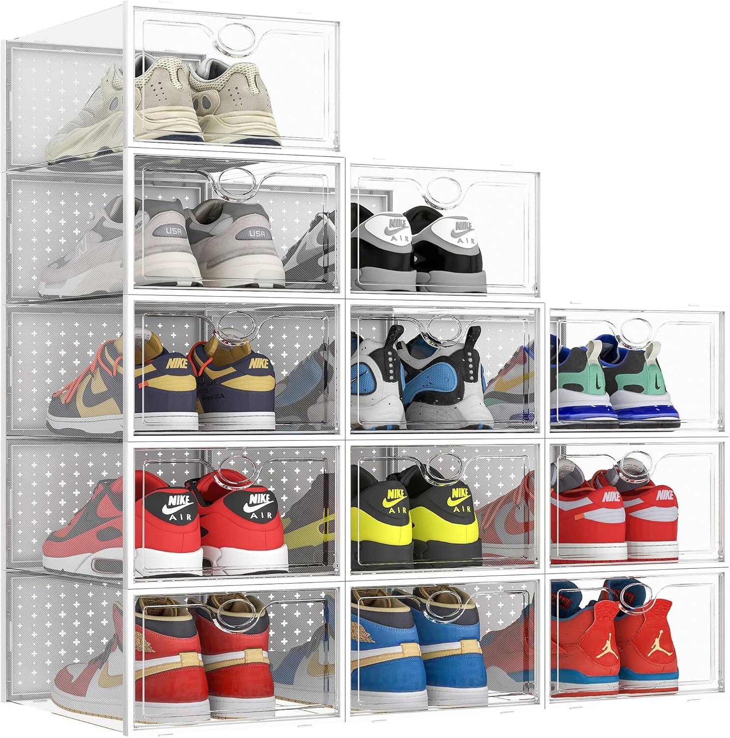 Pinkpum XXL Shoe Storage Boxes - Clear Plastic Stackable Organizer for Size 14 Sneakers | 12 Pack