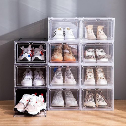 Attelite Shoe Box | Set of 6 Stackable Clear Organizers with Magnetic Door - Fits US Size 12, Black