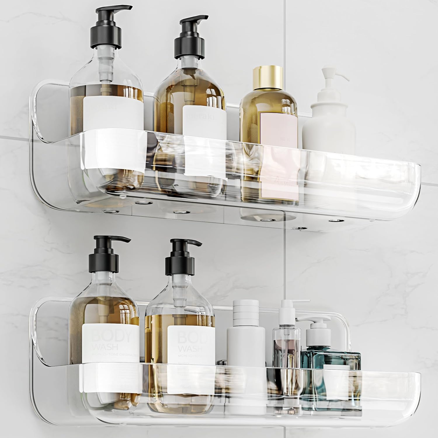 Skiennix Adhesive Shower Caddy - 2 Pack Acrylic Bathroom Shelves | No Drill Wall Mount Organizer