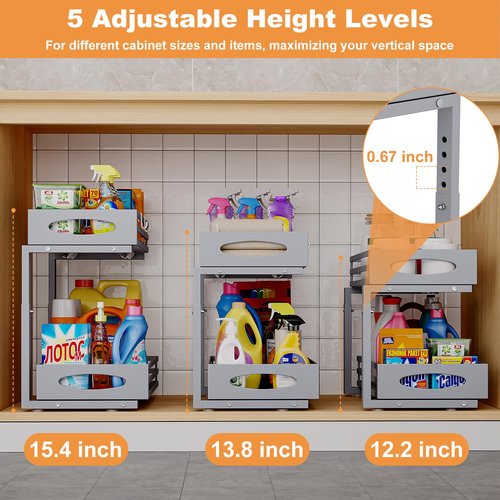 mixeshop Under Sink Organizer, 2 Tier Under Sink Organizers and Storage, Adjustable Height, Slide out Metal Cabinet Organizers, Pull out Cabinet Storage Drawer Shelf for Kitchen Bathroom Gray 1Pack