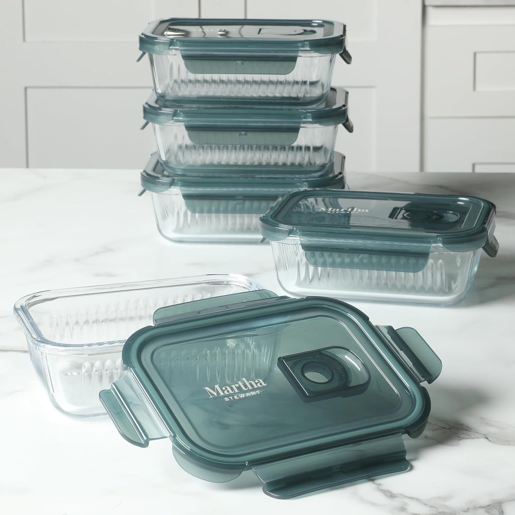 Martha Stewart Shadowbrook 5-Piece Borosilicate Glass Storage Container Set - Airtight Lids, 21.6 oz | Microwave & Dishwasher Safe