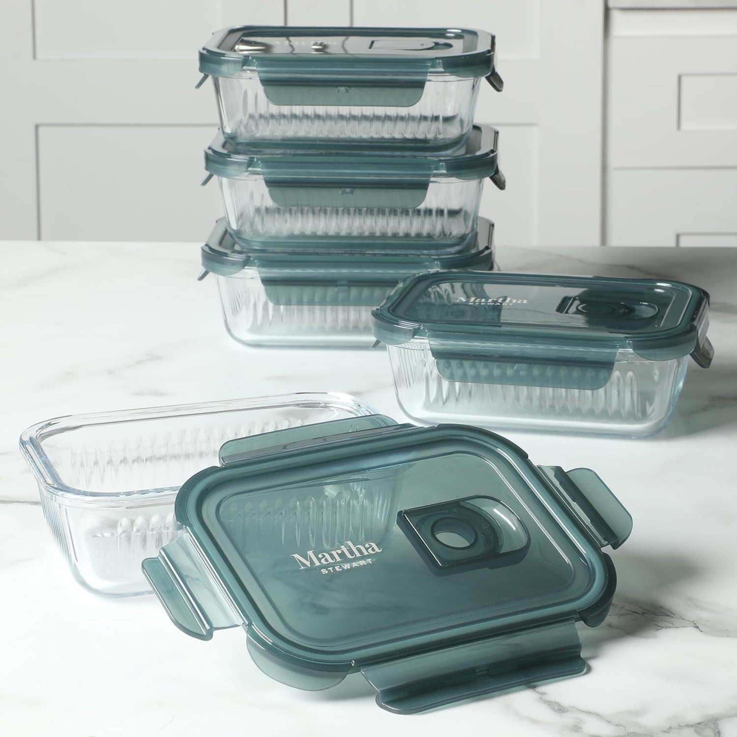Martha Stewart Shadowbrook 5-Piece Borosilicate Glass Storage Container Set - Airtight Lids, 21.6 oz | Microwave & Dishwasher Safe
