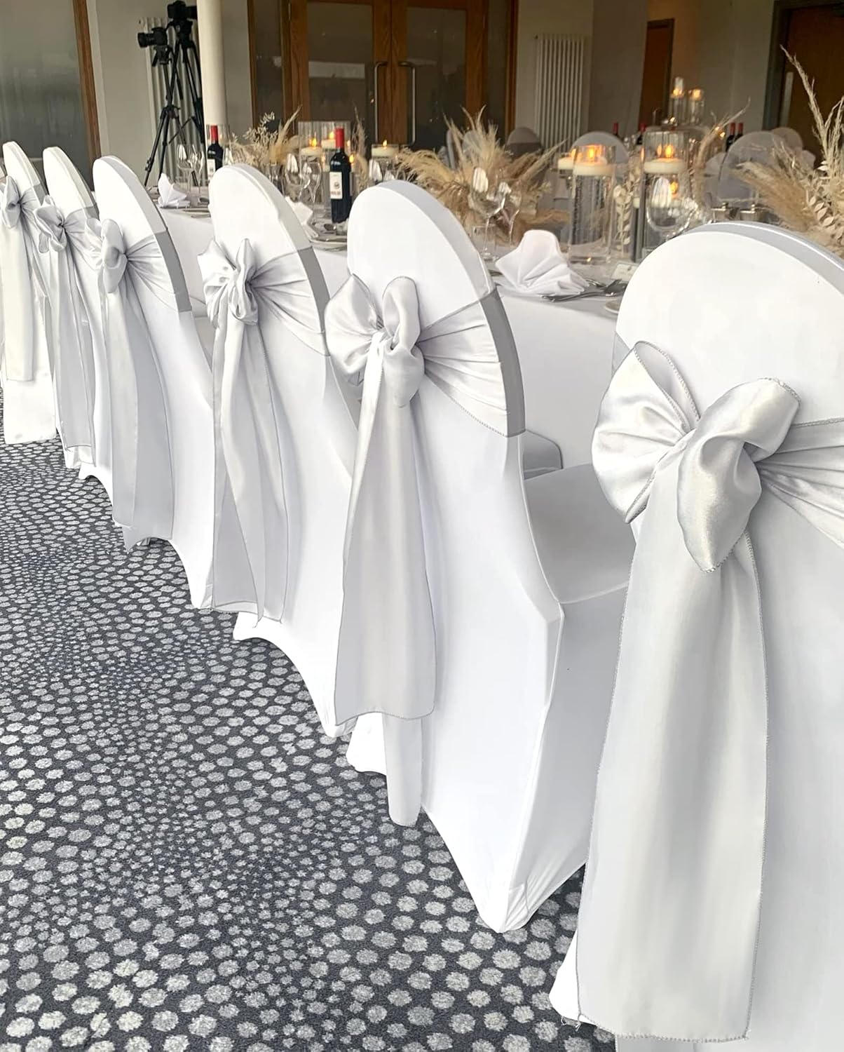 Showgeous Silver Satin Chair Sashes - 60 PCS Decorative Bows for Weddings & Events | 7 x 108 Inch