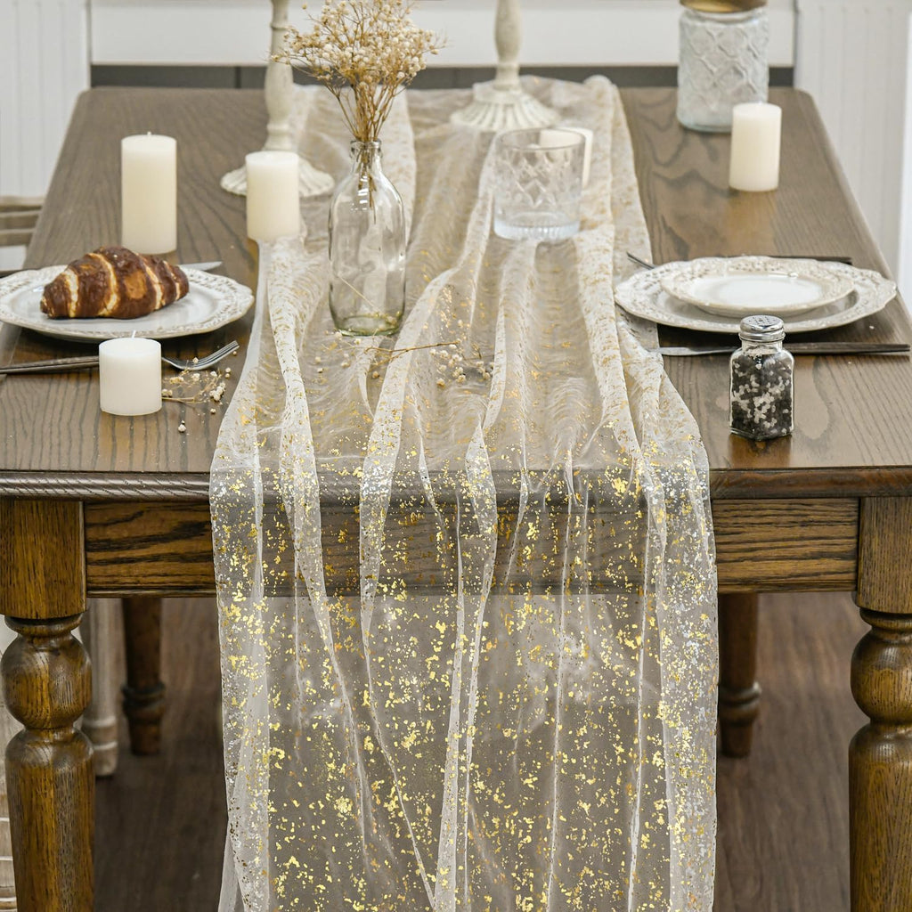 Artoid Mode Beige Gold Gauze Table Runner 120 Inch 10Pcs, Glitter Metallic Foil Sheer Dining Wedding Anniversary Holiday Birthday Table Decor for Home Party