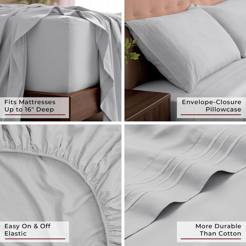 Mellanni King Sheets Set - 4 PC Hotel Luxury Bedding | Extra Soft, Cooling, Wrinkle-Resistant (King, Light Gray)