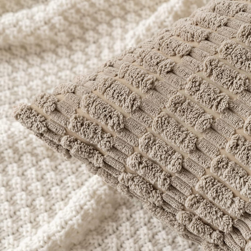 MIULEE Corduroy Throw Pillow Covers - Soft Boho Striped Design | 12x12 Inch Light Brown Decor