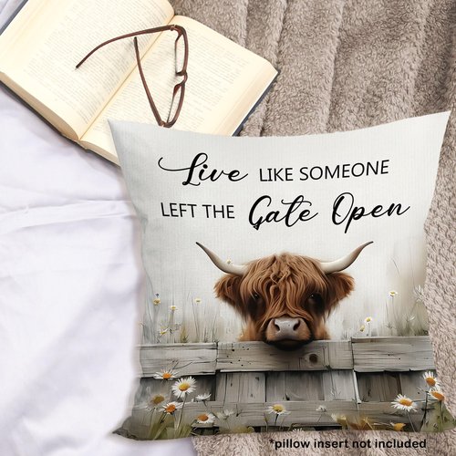 MONALET Highland Cow Farmhouse Throw Pillow Covers 18x18, Live Like Someone Left The Gate Open Decor Pillow Cases for Bedroom Living Room, Rustic Hyland Highland Cow Gifts Pillowcases for Couch Bed