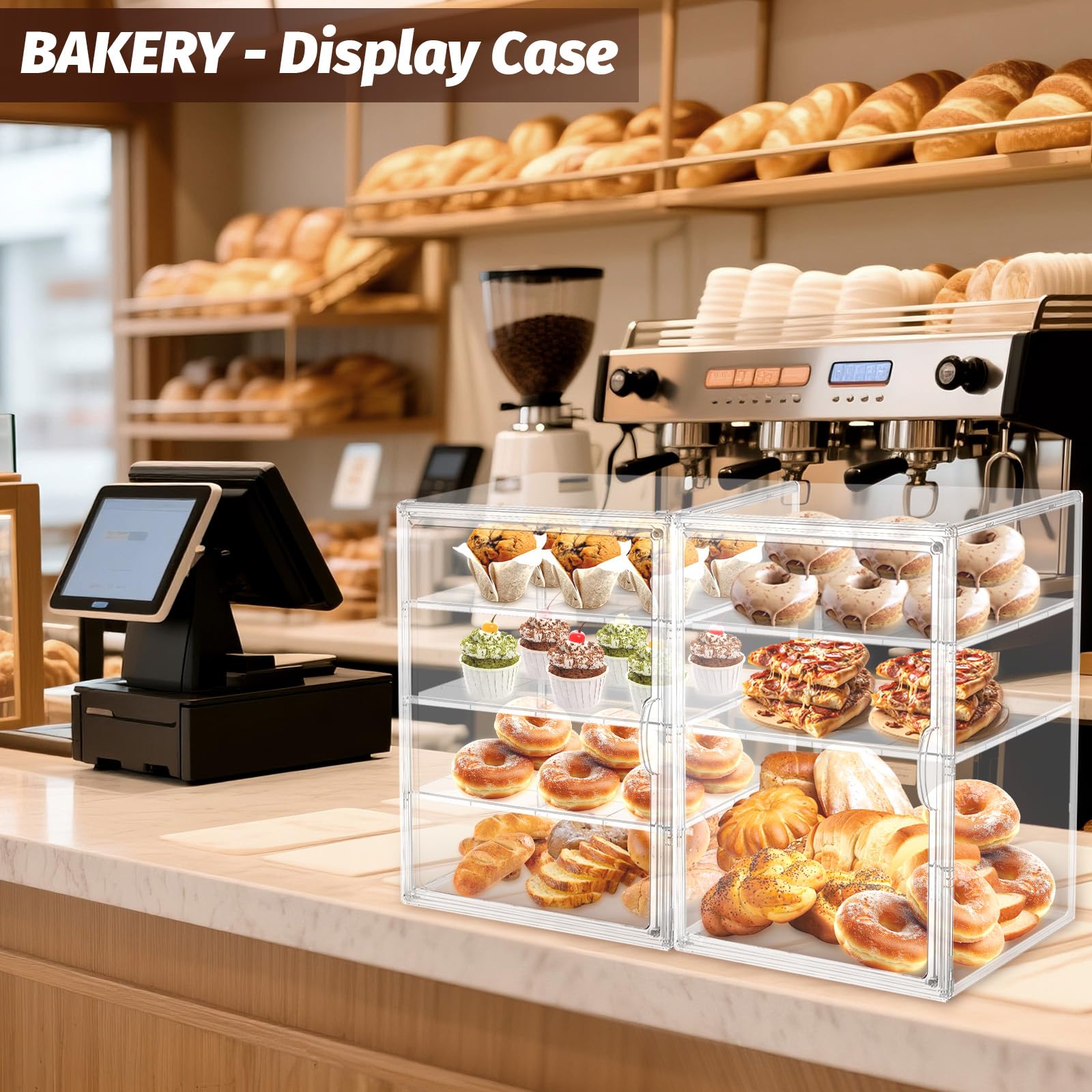 2PCS Pastry Display Case,Large Bakery Cookie Display Stand for Kitchen Countertop,4 Layers Adjustable Clear Bread Storage with Magnetic Door Bread Box and Cupcake Kitchen Counter 15.5x11.4x9.8 Inch