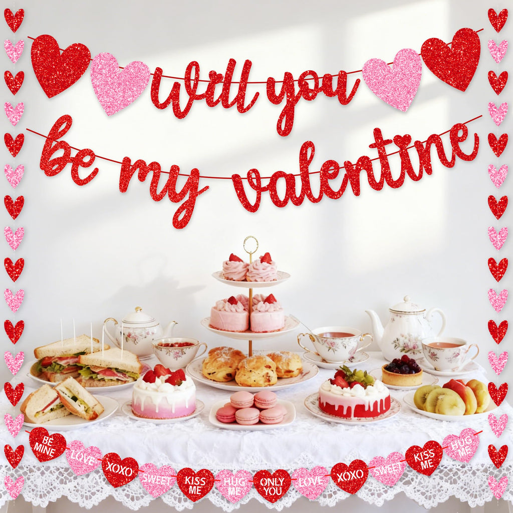 Valentines Day Decorations, No DIY Glitter Red Pink Will You Be My Valentine Banner Hollowed Conversation Heart Banner Heart Garlands String for Valentines Home Mantle Wall Office Decor Supplies
