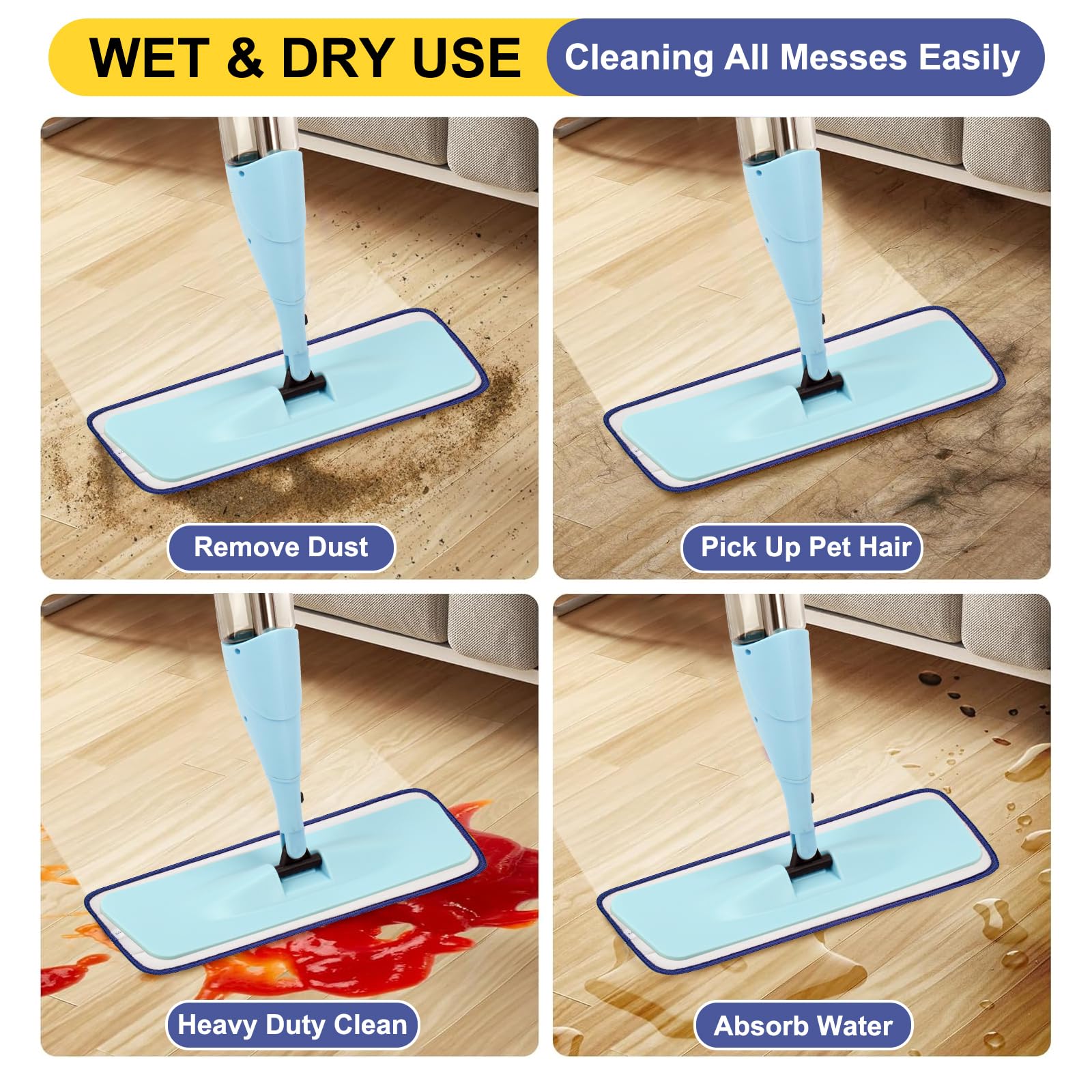 H-Gamely 16.5 inch Reusable Mop Pads Microfiber Spray Mop Replacement Heads for Wet/Dry Mops Compatible with Bona Floor Care System (5 Pack)