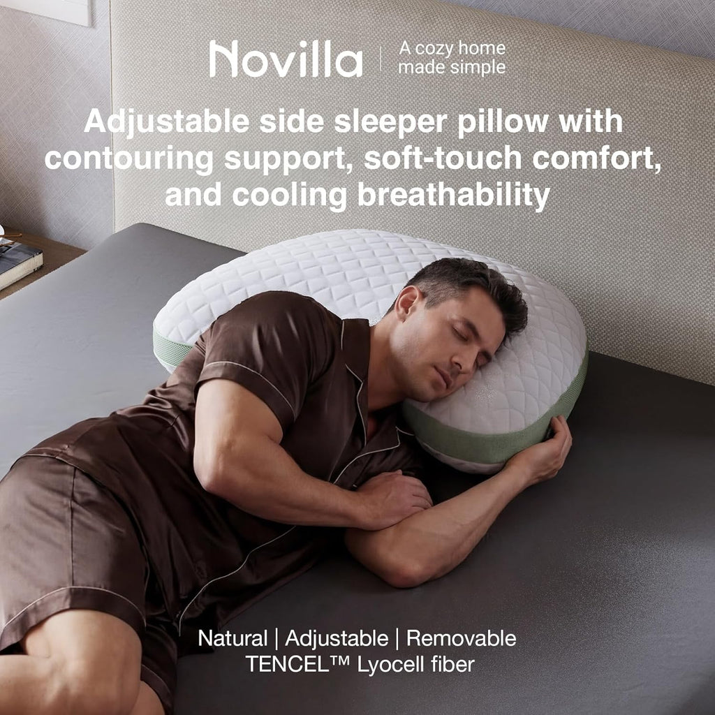 Novilla Tencel Side Sleeper Pillow - Adjustable Shredded Memory Foam for Neck & Shoulder Pain | Queen Size, Silk-Like Soft Cover