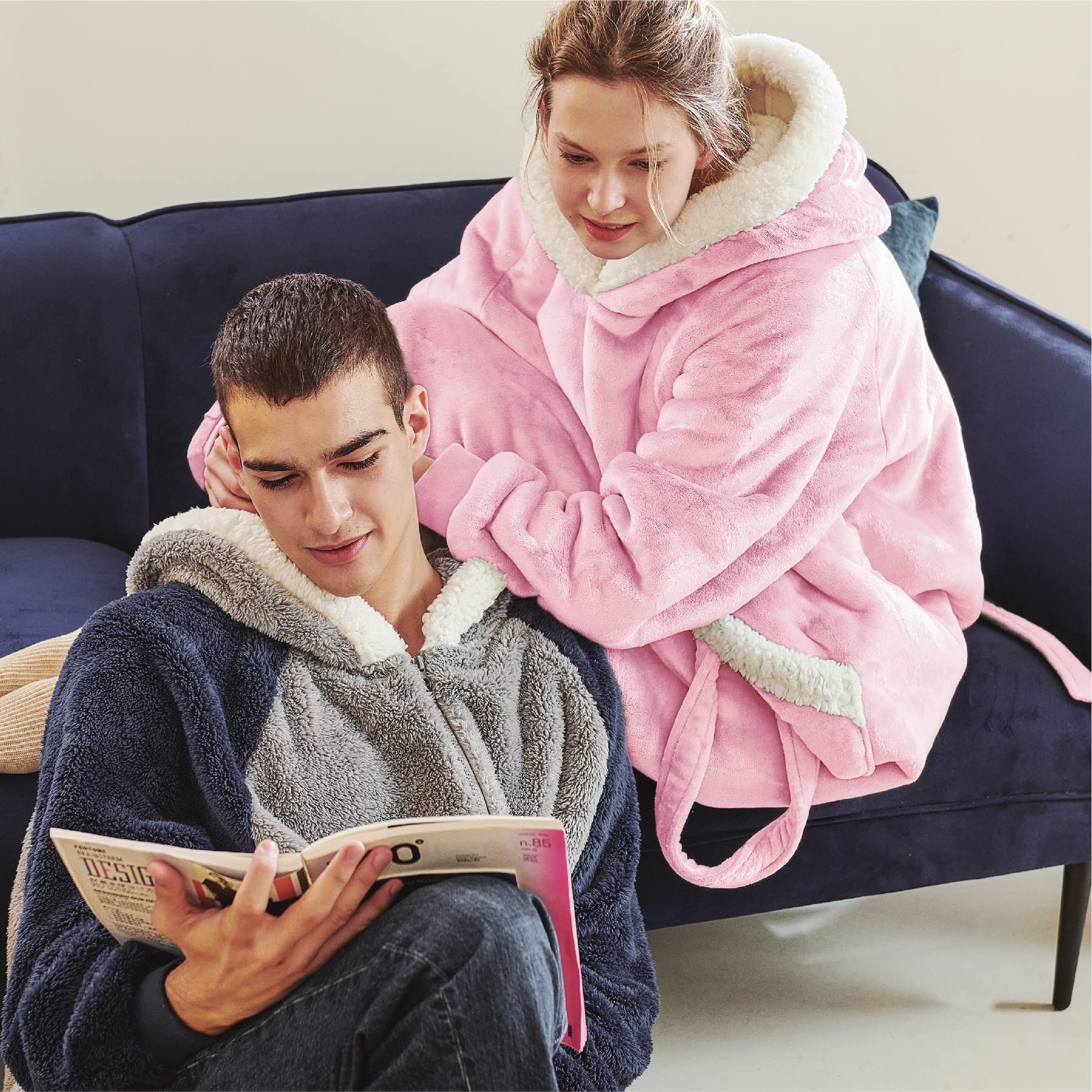 Bedsure Oversized Blanket Hoodie - Long-length Wearable Hooded Blanket Sweatshirt with Side Split, Belt and Big Hood, Giant Warm Sherpa Sweater Blanket Jacket, Pink