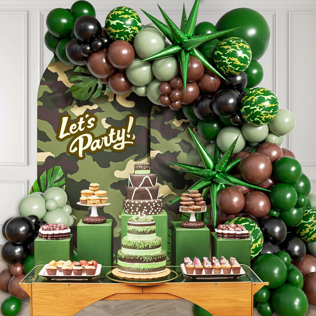 137pcs Camo Balloon Arch Garland Kit, Dark Green and Brown Balloon Arch Kit with Brown Sage Green Black Foil Balloons for Jungle Hunting Camo Birthday Party Decorations