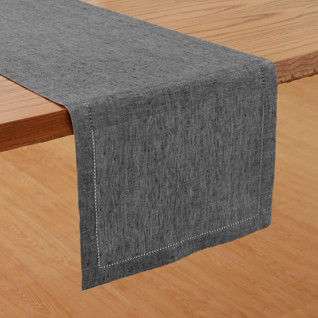 Solino Home Linen Table Runner 120 Inches Long - 100% Pure Linen Charcoal Grey Table Runner 14 x 120 Inch - Milan Hemstitch