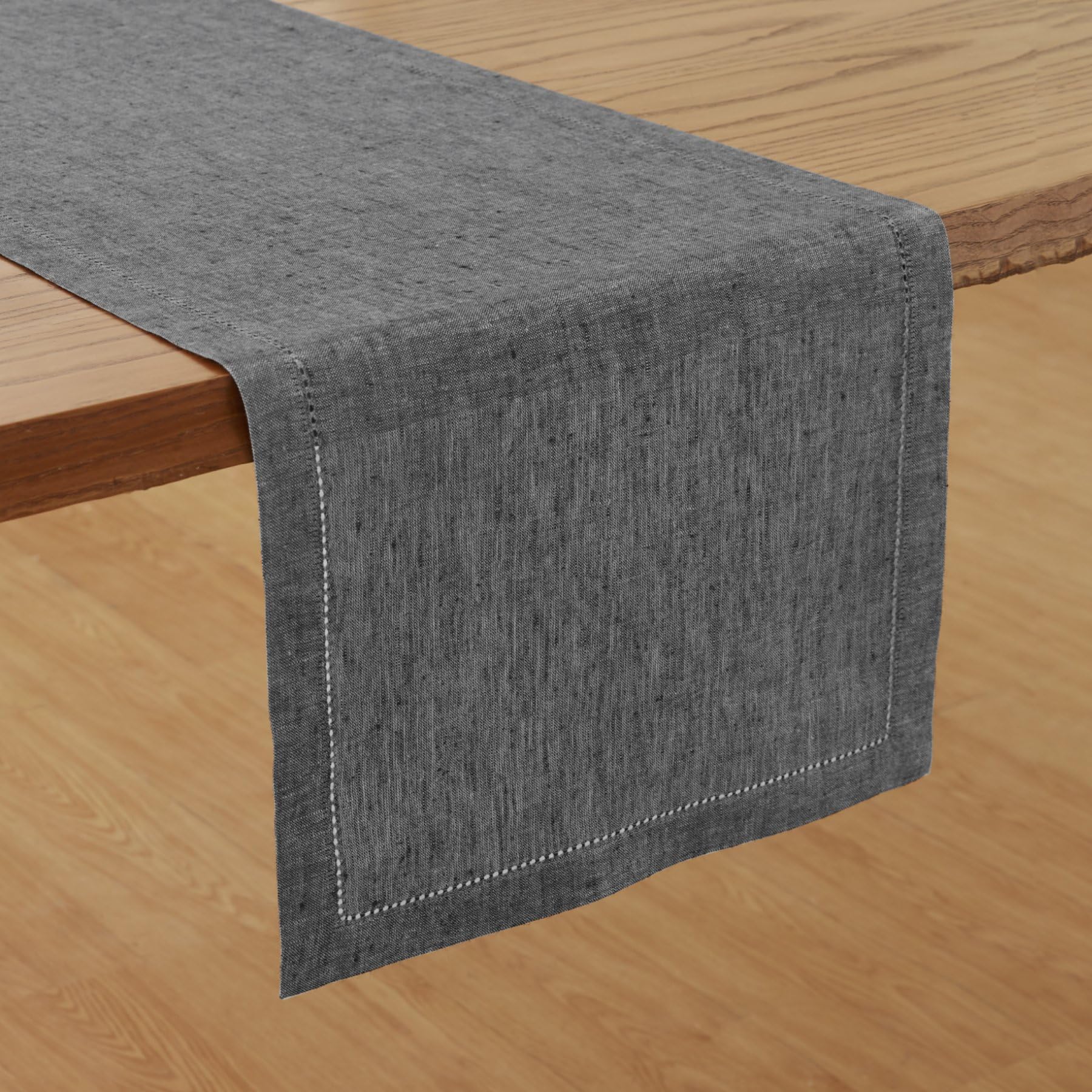 Solino Home Linen Table Runner 120 Inches Long - 100% Pure Linen Charcoal Grey Table Runner 14 x 120 Inch - Milan Hemstitch