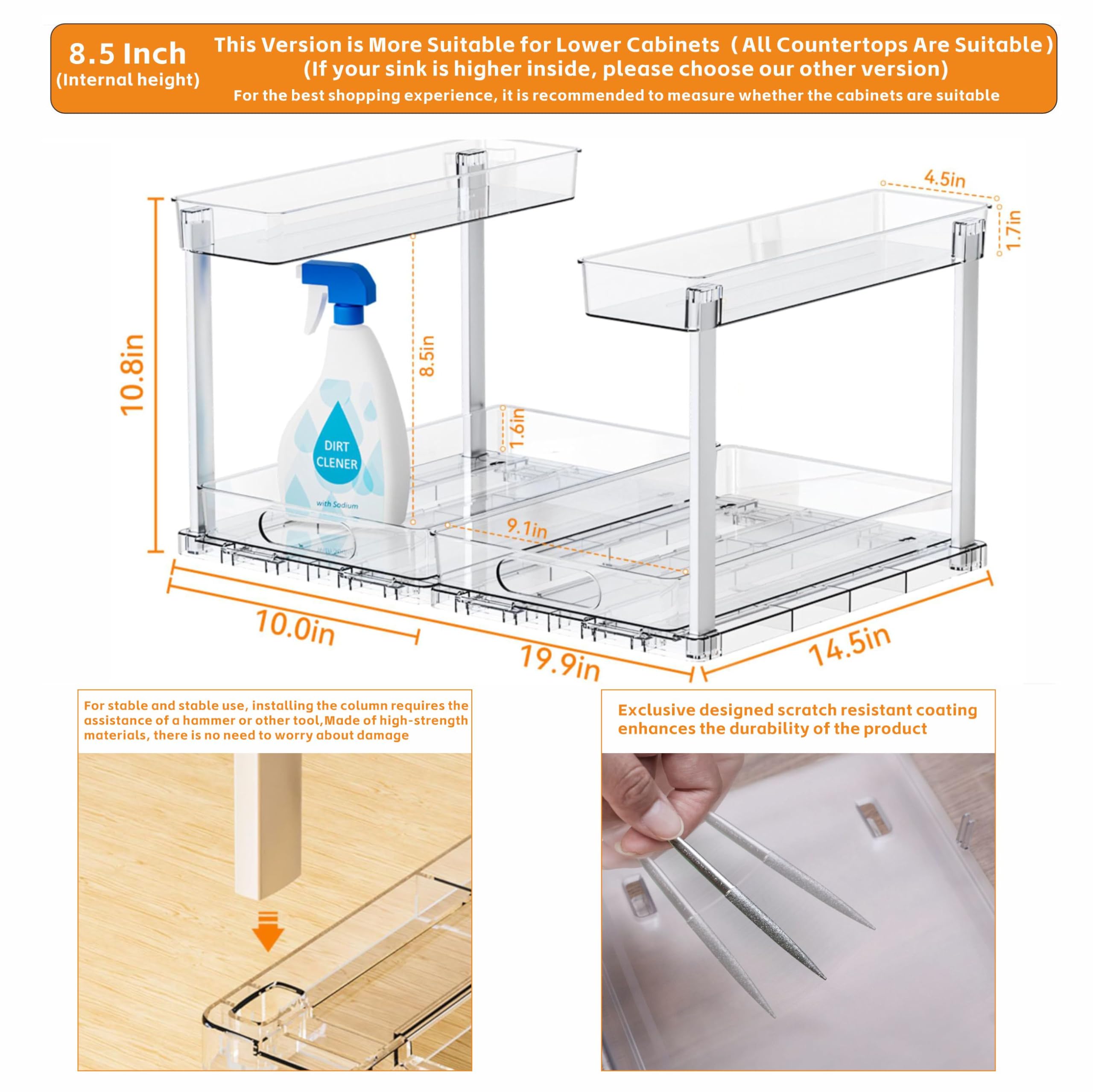 Yieach 2 Pack 14.5″ Deep Pull Out Under Sink Organizer,10.8″ High 2 Tier Slide Out Cabinet Organizer for Kitchen Cabinet,Undersink Organizers,Under Sink Shelves,Bathroom Organizers and Storage,Clear
