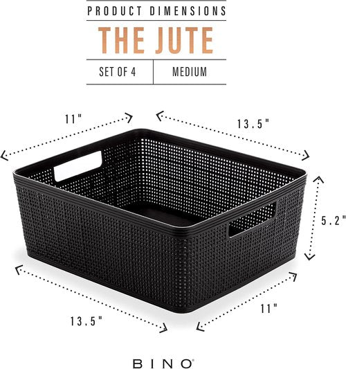 BINO Woven Plastic Basket - Medium Black 4-Pack | Stylish Home Organization & Space-Saving Storage