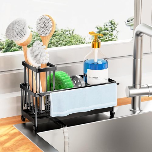 Cisily Kitchen Sink Caddy Organizer - Rustproof 304 Stainless Steel with High Brush Holder | Black, 9.25”
