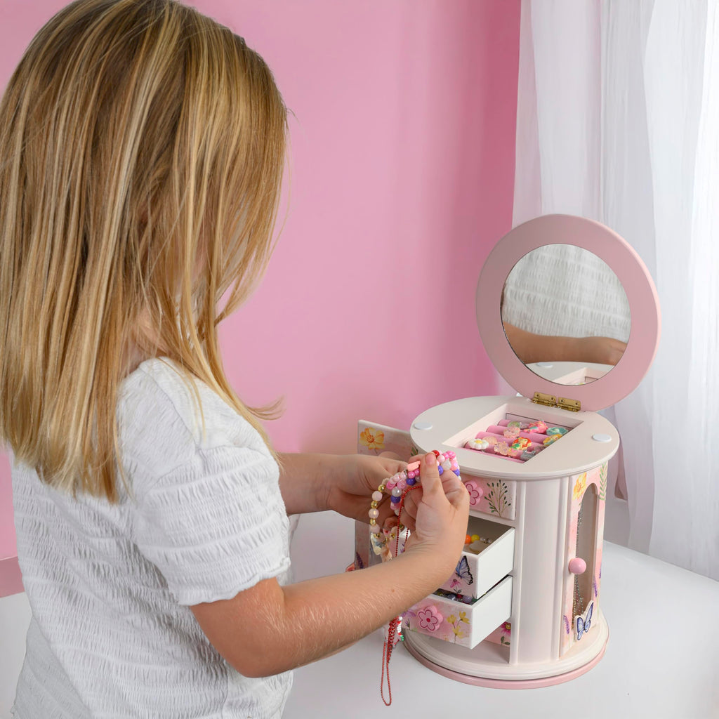 Tiny Gem - Spinning Jewelry Box for Girls Ages 2-18; Little Girl and Toddler Birthday and Christmas Gift; Flower and Butterfly White and Pink Wood Jewelry Box and Organizer; Room Decor for Accessories