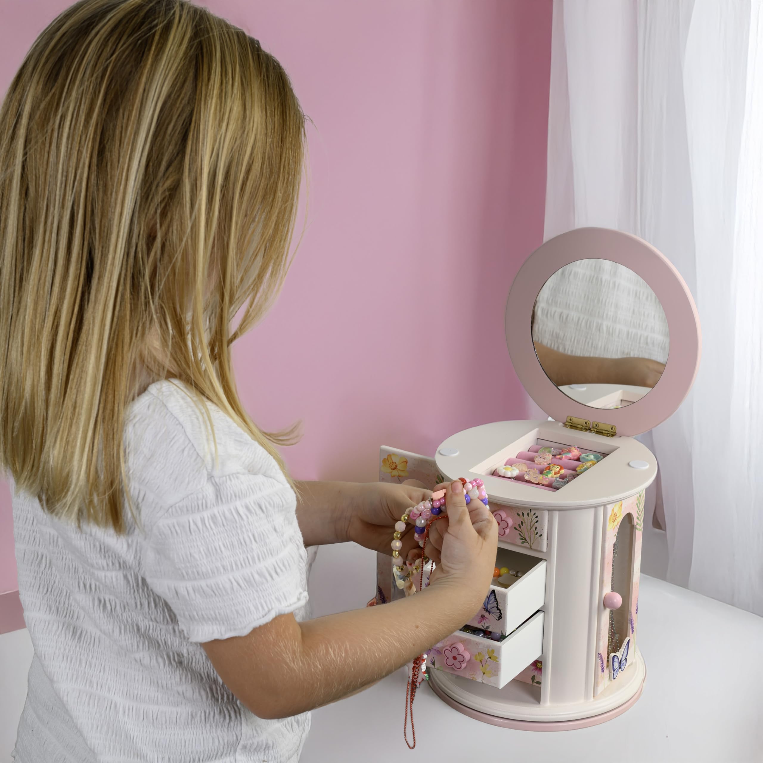 Tiny Gem - Spinning Jewelry Box for Girls Ages 2-18; Little Girl and Toddler Birthday and Christmas Gift; Flower and Butterfly White and Pink Wood Jewelry Box and Organizer; Room Decor for Accessories