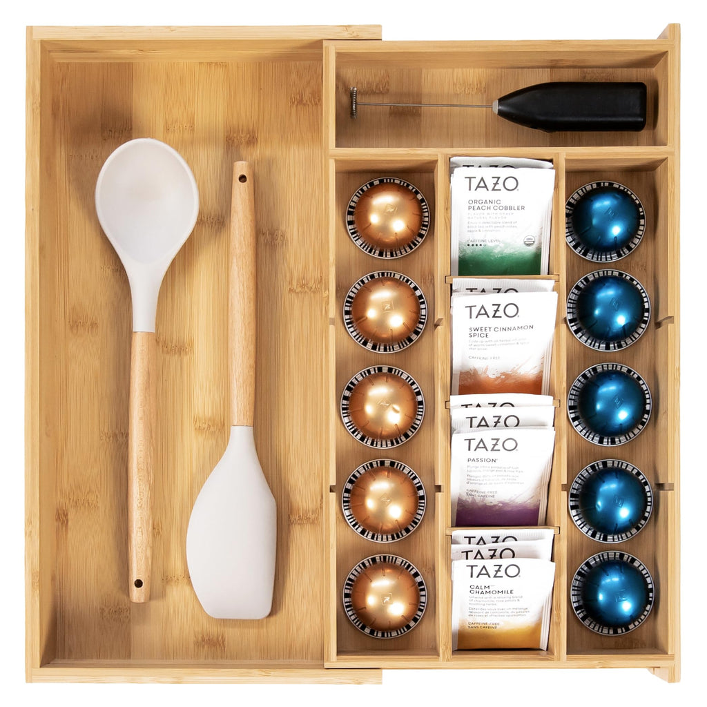 KitchenEdge Tea Bag and Coffee Pod Kitchen Drawer Organizer, Expandable 9.7 to 17 Inches, 10 Accessory Compartments with Adjustable Wall Inserts, Non-Slip Rubber Feet, 100% Sustainable Bamboo Wood
