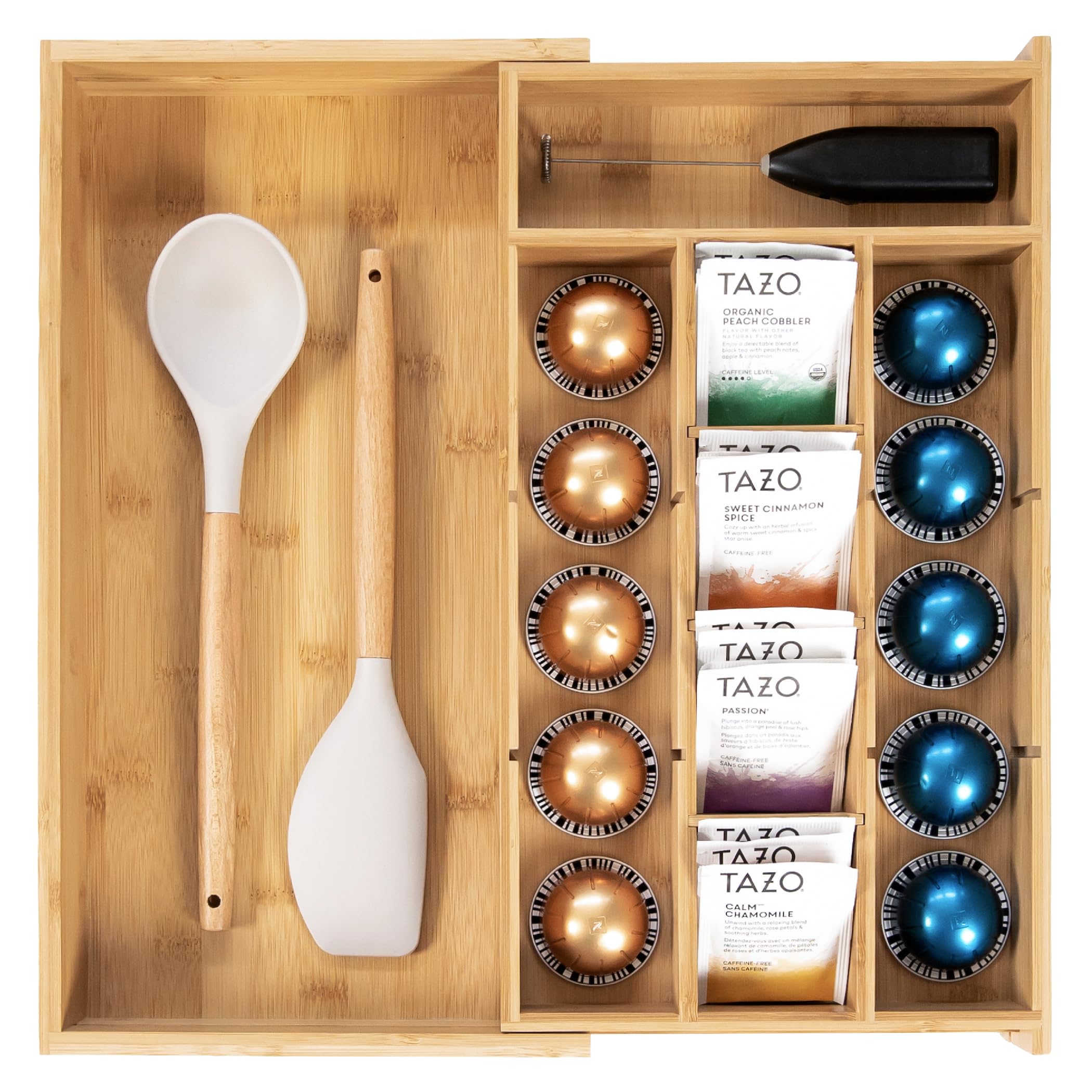 KitchenEdge Tea Bag and Coffee Pod Kitchen Drawer Organizer, Expandable 9.7 to 17 Inches, 10 Accessory Compartments with Adjustable Wall Inserts, Non-Slip Rubber Feet, 100% Sustainable Bamboo Wood