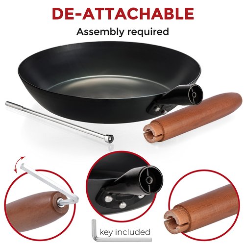 YOSUKATA 11.8" Carbon Steel Frying Pan – Non-Toxic Pre-Seasoned Skillet with Removable Wooden Handle – Coating-Free Wok-Style Pan for Gas, Induction, Electric, Oven & Grill BBQ