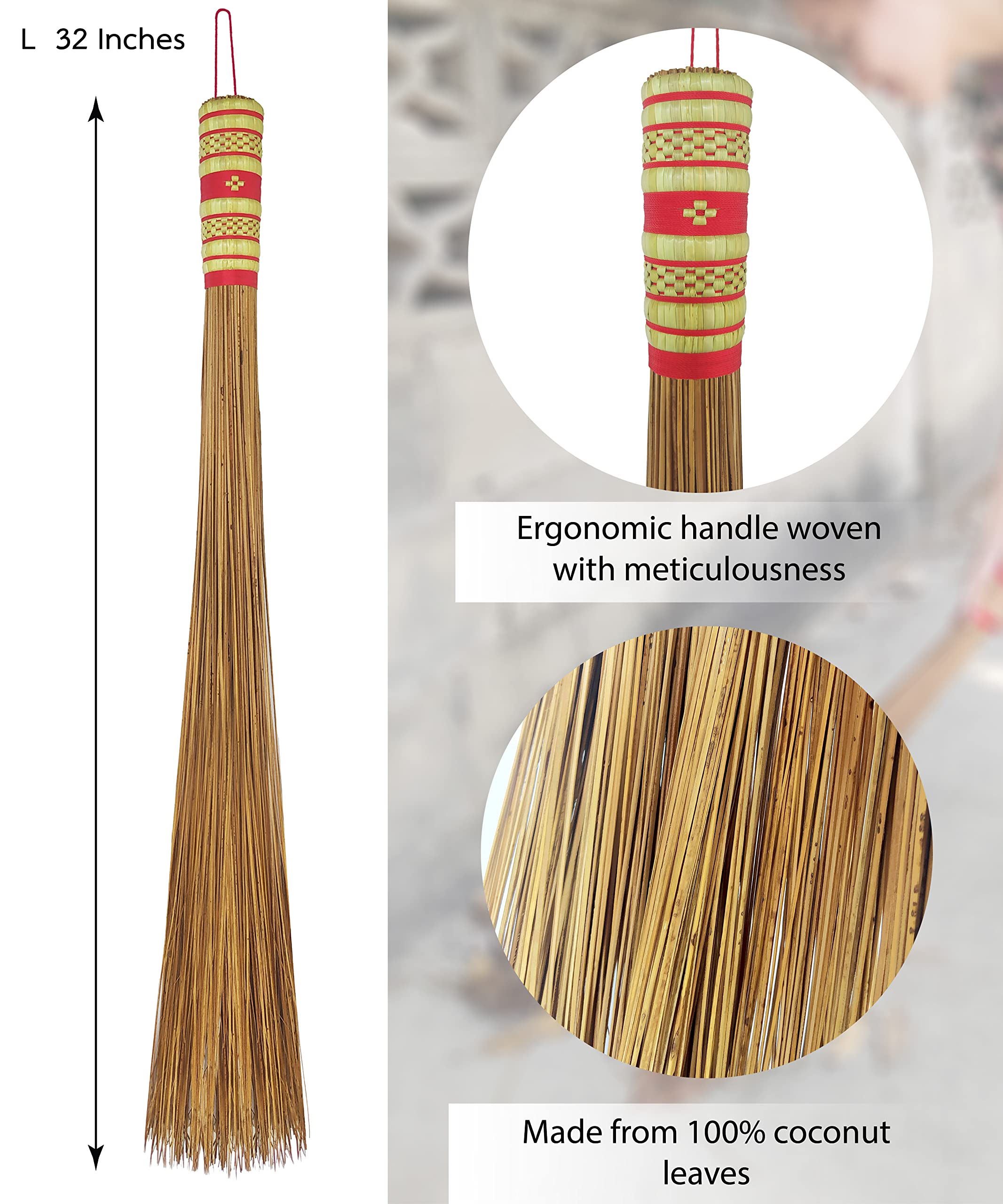 32 inch Multi-Surface Sturdy Outdoor Authentic Coconut Leaf Broom Asian Heavy Duty Broom Thai Natural Coconut Leaf Broom (Country Rustic) 1 Piece