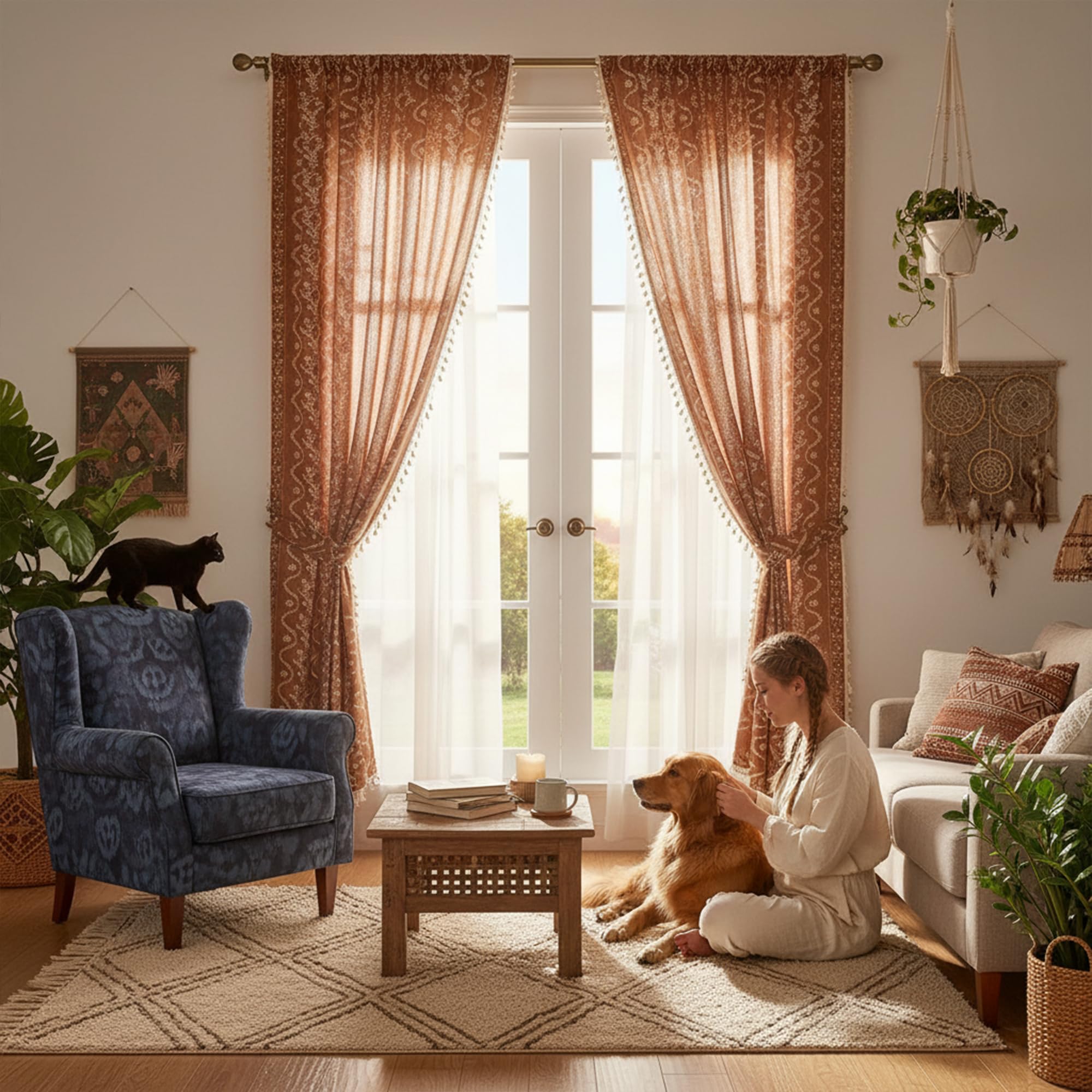 TIVNICO Burnt Orange Curtains for Living Room Patterned Farmhouse Curtains 2 Panels,Boho Linen Vintage Tassel Terracotta Floral Fall Window Curtain for Bedroom Dining Room Kitchen 84 Inch Long