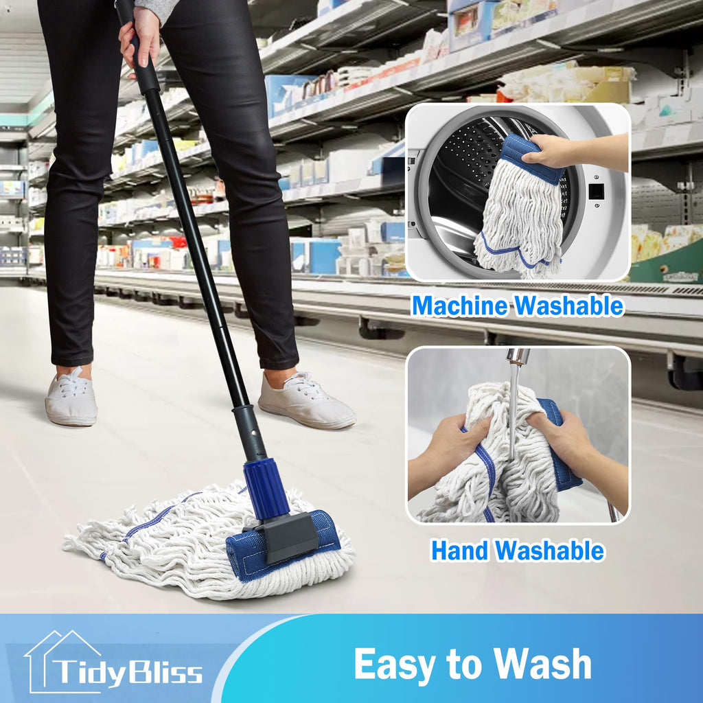 TidyBliss Commercial Mop Heavy Duty, 57.5 inches Long Handle Large Looped-End Industrial String Mop, Professional Dry Wet Cotton Mop for Cleaning Concrete Tile Hardwood Floor Shop Office Garage