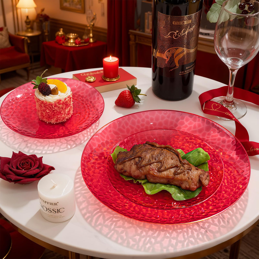 Rubtlamp 60Pcs Red Plastic Plates, Heavy Duty Clear Red Disposable Plates, Fancy Hammered Plastic plates Include 30 Dessert Platos, 30 Dinner Platos for Party Mother's Day