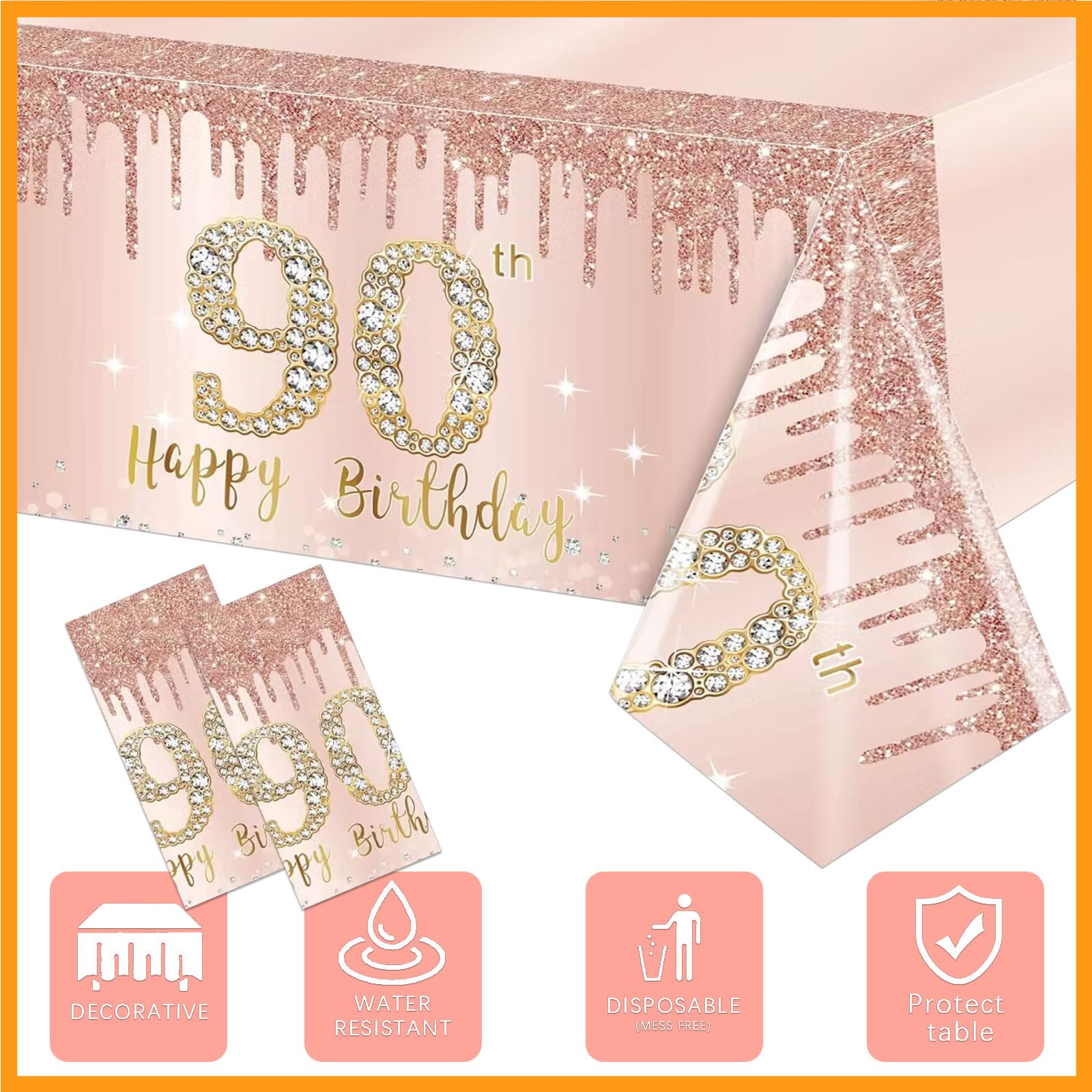 Poqirzan 2PCS Pink Rose Gold 90th Birthday Tablecloth 90th Birthday Table Cover Party Supplies Happy 90st Party Decorations for Women Plastic Disposable Gathering Table Cloth (54"x108")