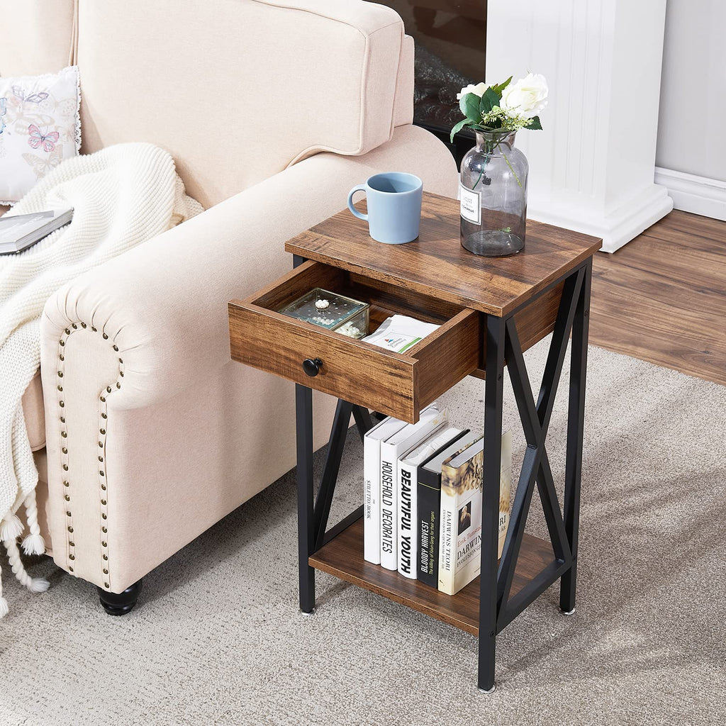VECELO End Table 28 Inch Tall End Table Easy Assembly Side Table Nightstand Storage Shelf for Living Room Bedroom Kitchen Stable Wood and Metal Frame,Dark Brown