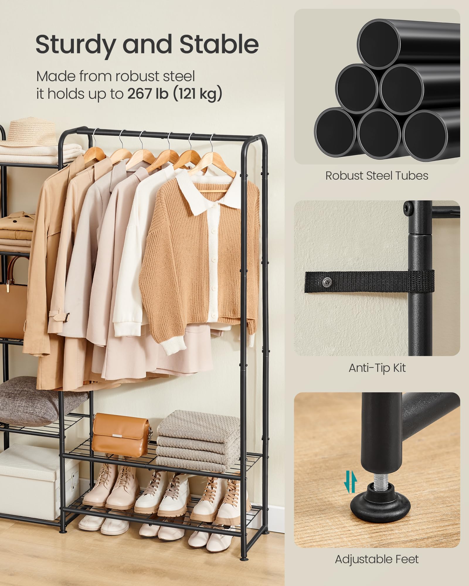 SONGMICS Wardrobe Closet, 72 Inch Large Portable Closet, Clothes Rack for Hanging Clothes,Heavy Duty Garment Rack, Storage Organizer with Shelves, 72 x 11.4 x 62.4 Inches, Black ULGR463B01