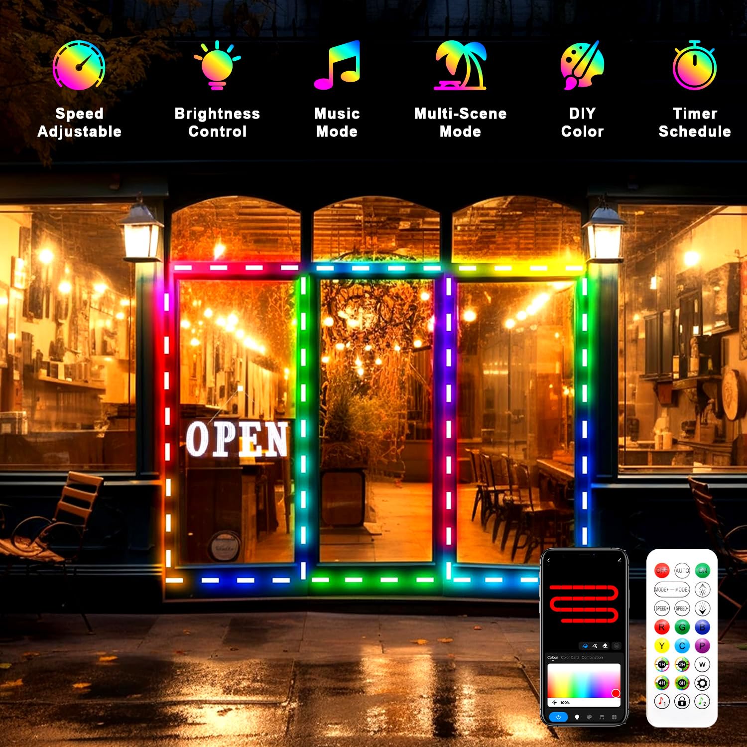 20FT LED Storefront Lights for Business – DIY 16M Color Waterproof Window Light with Remote & App Control, 44 Modes Changing and Timer LED Strip Lights for Restaurants, Bars, Cafes, Stores, Windows